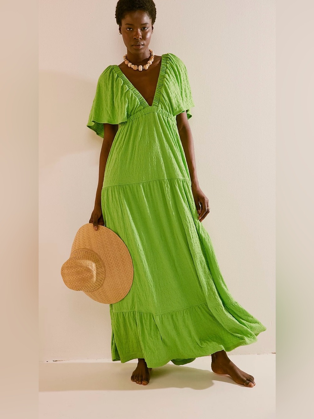 FP Beach La La Maxi Dress XS NWT Kiwi Green Flutter Sleeve Boho Cottagecore